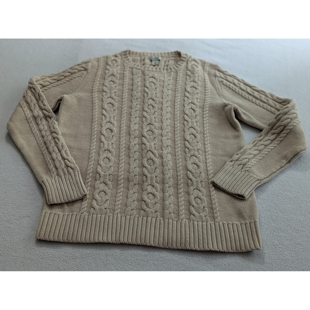 LL Bean Womens Sz S Cable Knit Fisherman Ribbed Chunky Sweater‎ Cream Beige Tan